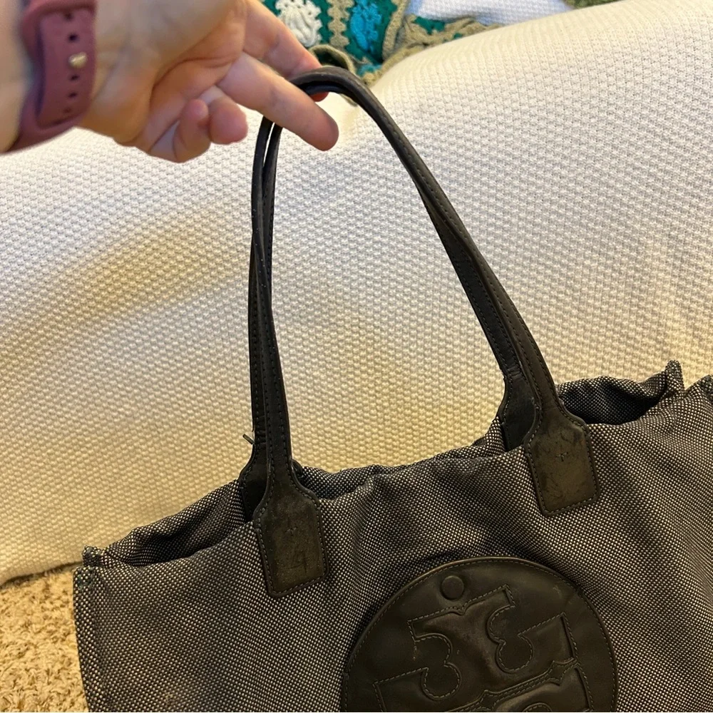 TORY BURCH Ella Two-Tone Black and Navy Textured Canvas Large Tote
